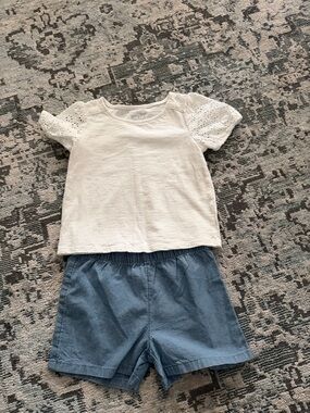 Carter's White Eyelet Sleeve Top with Blue Elastic-Waist Shorts